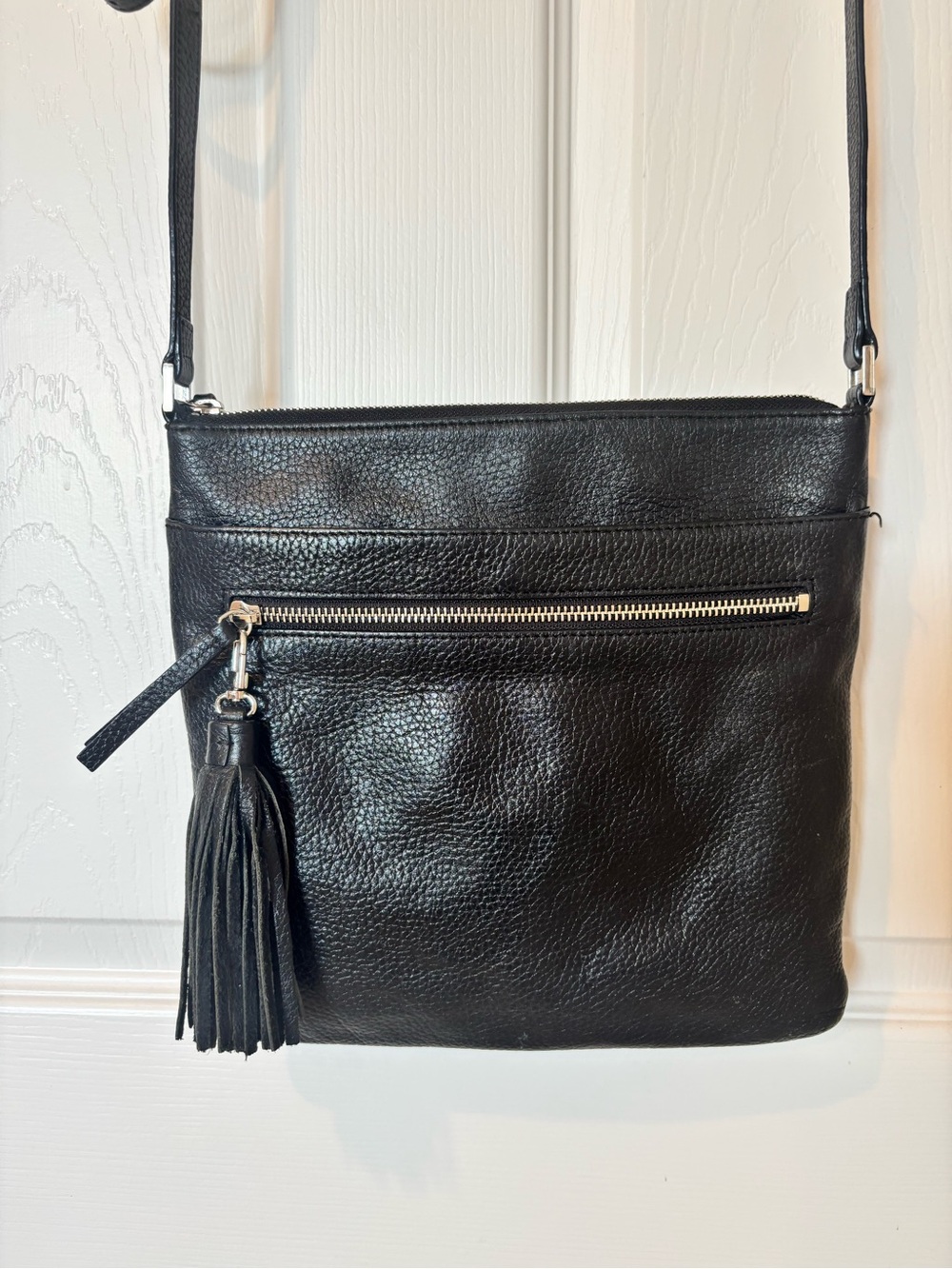 Halogen Black Leather Crossbody with Tassel Accent